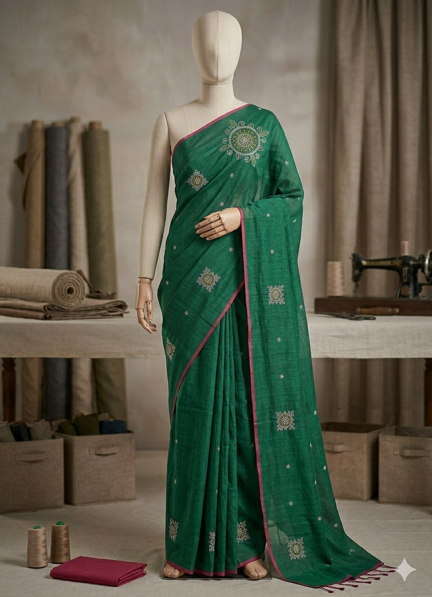 Premium Emerald Green Handloom Saree with Floral Embroidery & Pink Border